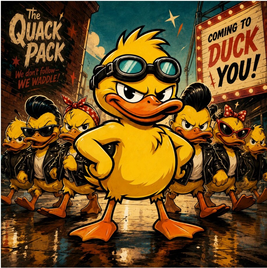 The Quack Pack walking down a wet street at night